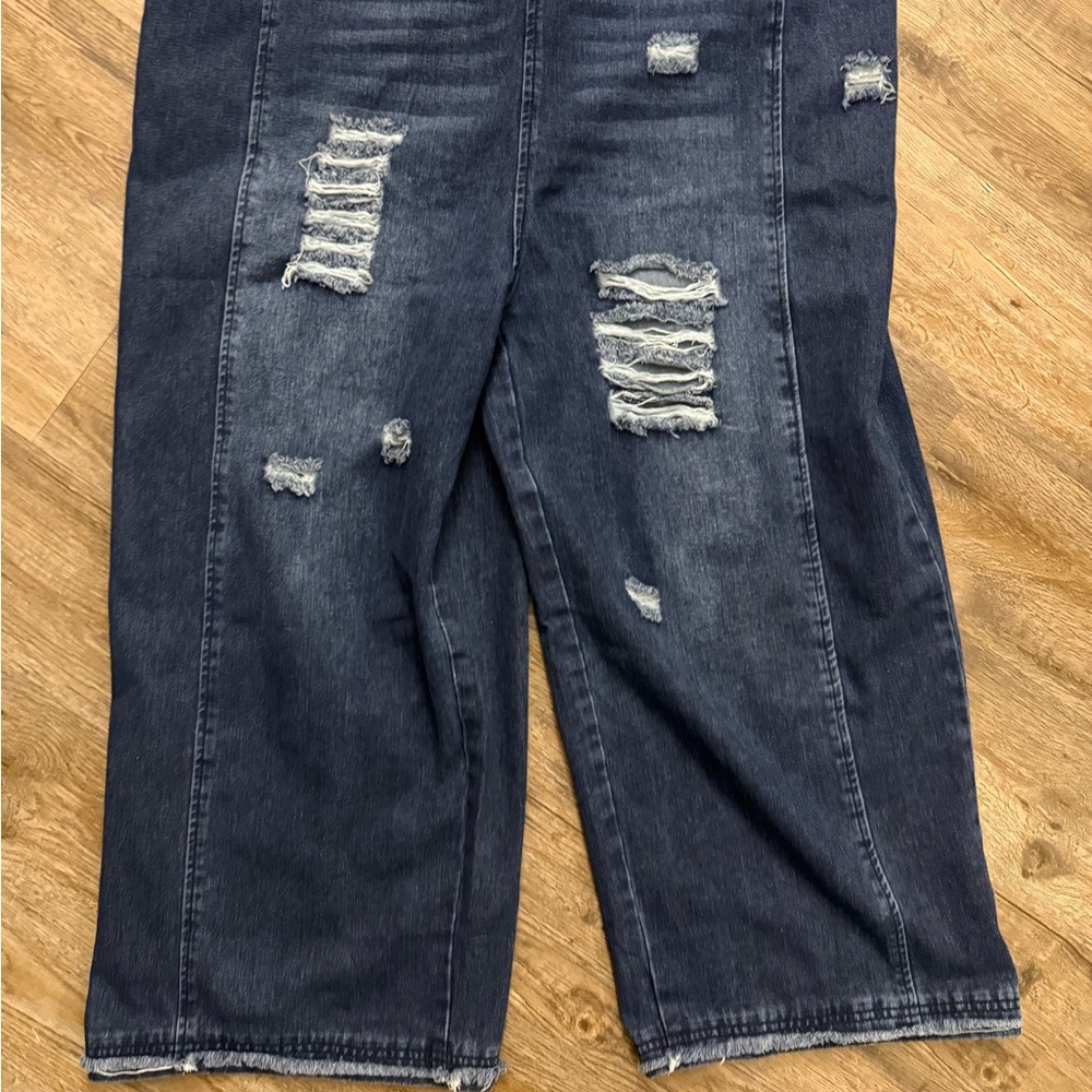 Wide Leg Distressed Oversized Jean Overalls - Picture 3 of 14